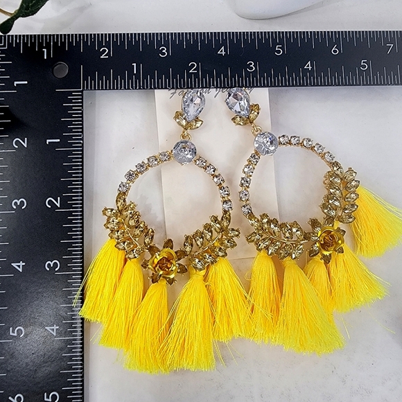 Large Statement Yellow Tassel and Crystal Earrings - Picture 5 of 5